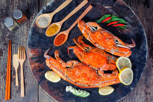 jumbo crab and spices herb on dark background 