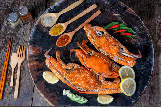 jumbo crab and spices herb on dark background