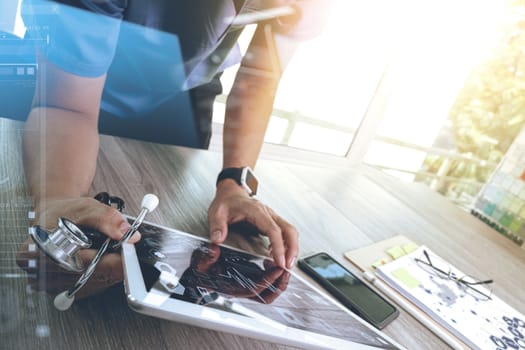 Medicine doctor hand working with modern digital tablet computer interface as medical network concept

