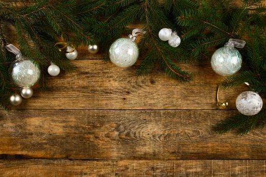 Christmas background with wooden background, pin, christmas balls, flat Design