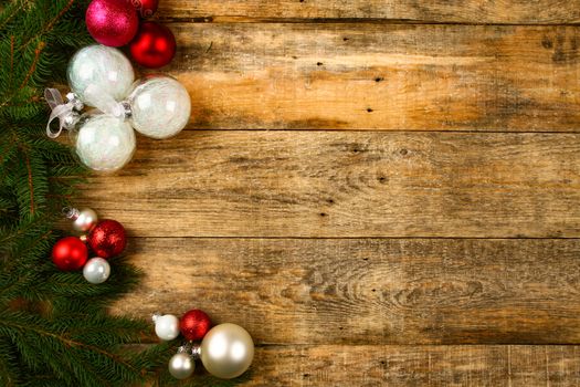 Christmas background with wooden background, pin, christmas balls, flat Design