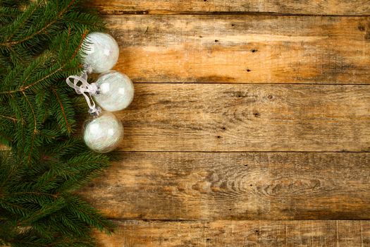 Christmas background with wooden background, pin, christmas balls, flat Design