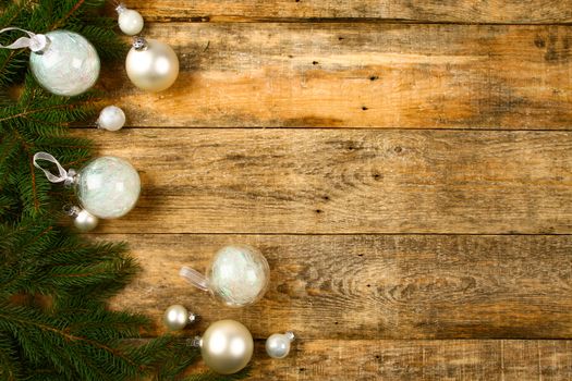 Christmas background with wooden background, pin, christmas balls, flat Design