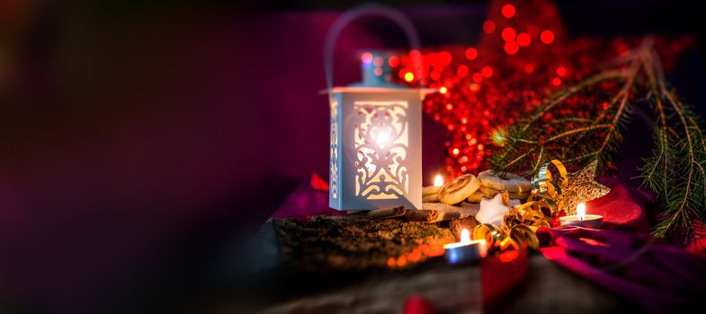 Christmas concept with red background and candles with copy space