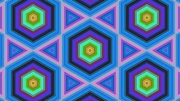 Abstract background of colorful hexagon and different surrounding rings. Abstract hexagon background.