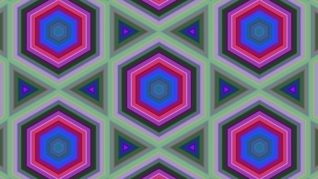 Abstract background of colorful hexagon and different surrounding rings. Abstract hexagon background.