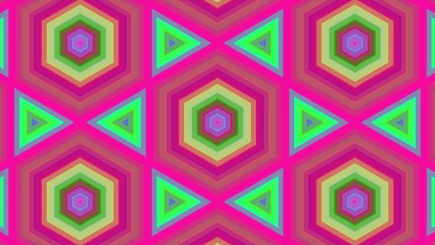 Abstract background of colorful hexagon and different surrounding rings. Abstract hexagon background.