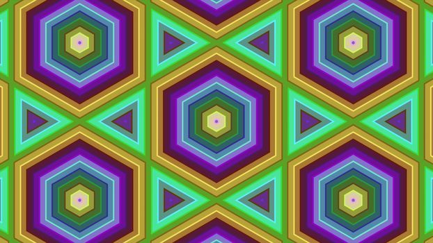 Abstract background of colorful hexagon and different surrounding rings. Abstract hexagon background.