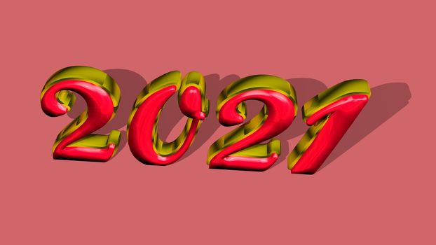 3D pure golden, solid shining text "2021" with pink background. 3D rendered