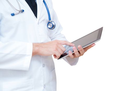 Doctor holding a tablet computer while using it isolated on white background