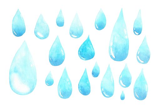 Set of water droplets, raindrops of various sizes. Watercolor hand painting illustrations for the rainy season.