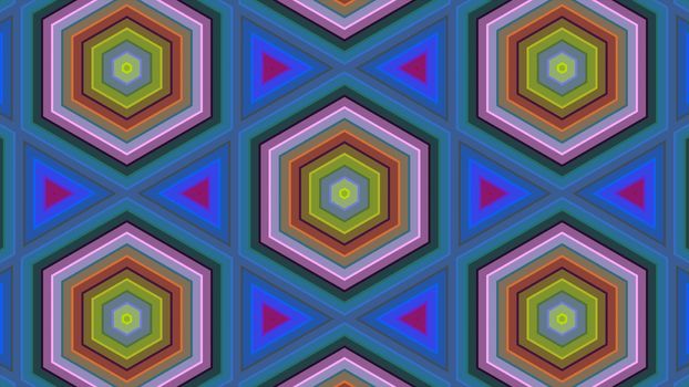 Abstract background of colorful hexagon and different surrounding rings. Abstract hexagon background.