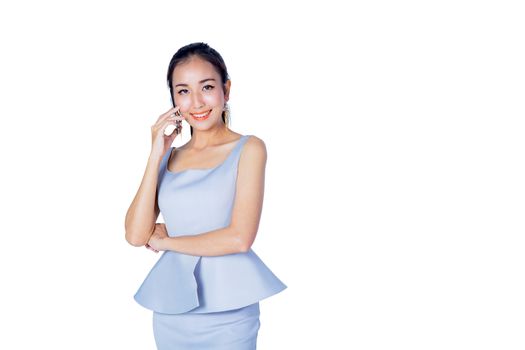Portrait of smiling business woman phone talking , isolated on white background