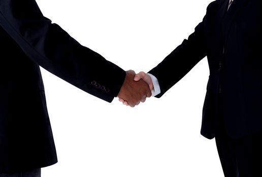 Hand shake between a businessman and a businesswoman isolated on white background