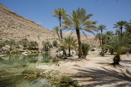 Woman (tourist) walking near the main pool  of the famous Wadi Bani Khalid in the Sultanate of Oman