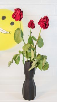 A smiling balloon on a background of old roses.Three wilted roses in a vase on the table with a yellow balloon with a smile. Old flowers on a white brick background. Dead dried old flowers in a vase