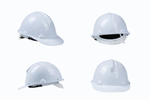 set of white helmet, construction tools and protection  