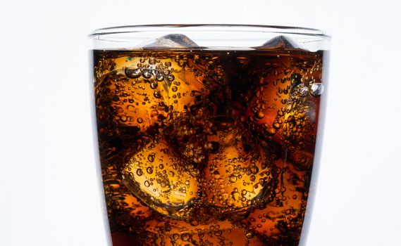 Close up cold drinking, soda with ice, glass of cola for hot and summer drink isolated on white background