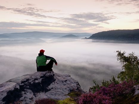 Man tourist sit on rock empire. View point with heather and branches above misty valley. Sunny daybreak in rocky mountains.