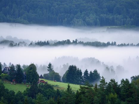 Magnificent heavy mist in landscape. Autumn creamy fog in countryside. Hill increased from fog, the fog is colored to gold and blue