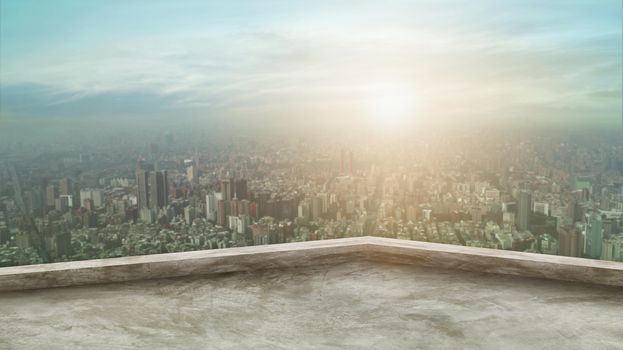 blank roof top of building with skyscraper landscape background 