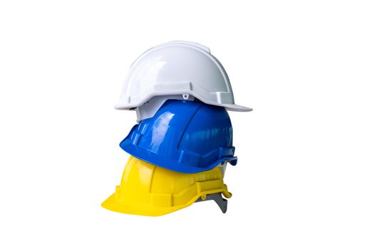 3 deferential helmet, yellow, blue and white safe worker construction tools for industrial safety isolated on white background