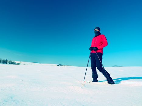 Winter tourist with snowshoes walk in snowy drift. Hiker in pink sports jacket and black trekking trousers snowshoeing in powder snow. Cloudy winter day, gentle wind brings small snow flakes. 