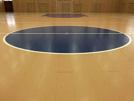Basketball court inside. White lines and blue playfield in hall. Hanball gate at wall. Painted wooden floor of sports hall with colorful marking lines. Schooll gym hall