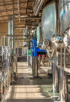 Shabo, Ukraine 09.29.2019. Modern equipment for the production of wine in the Shabo winery, Odessa region, Ukraine