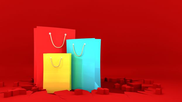 Colourful paper shopping bags on crack red ground. Shopping concept, 3D rendering.