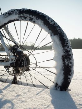 Mountain bike stay in powder snow. Lost path  in deep snowdrift. Rear wheel detail. Snow flakes melting on dark off road tyre.  Winter weather in the field.