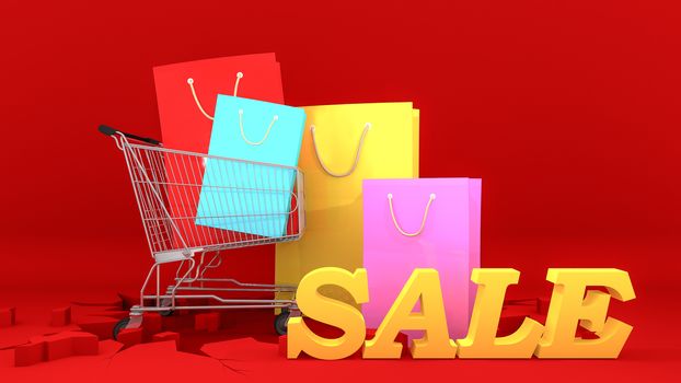 Colourful paper shopping bags on shopping cart with Yellow sale sign on crack red ground. Shopping concept, 3D rendering.