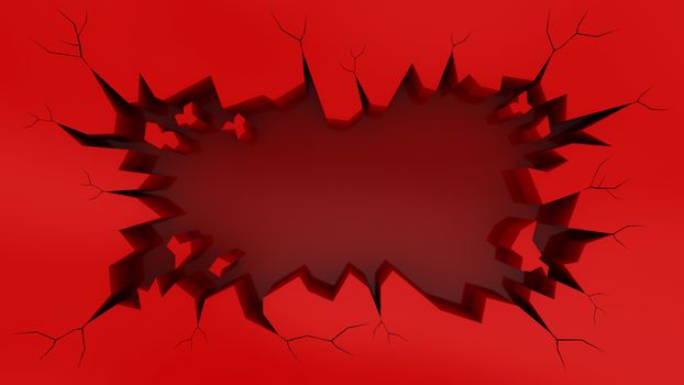 Hole cracked in the red wall., fracture with cracks for background., 3D rendering.
