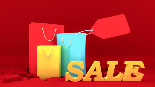 Colourful paper shopping bags and Yellow sale sign with Price tag on crack red ground. Shopping concept, 3D rendering.
