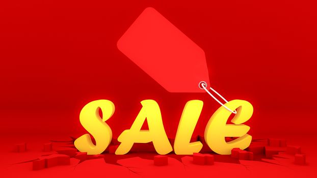 Yellow sale sign with Price tag on crack red ground. Shopping concept, 3D rendering.