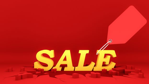 Yellow sale sign with Price tag on crack red ground. Shopping concept, 3D rendering.