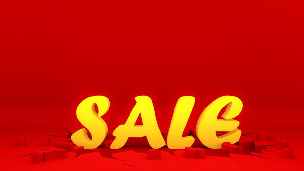 Yellow sale sign on crack red ground. Shopping concept, 3D rendering.