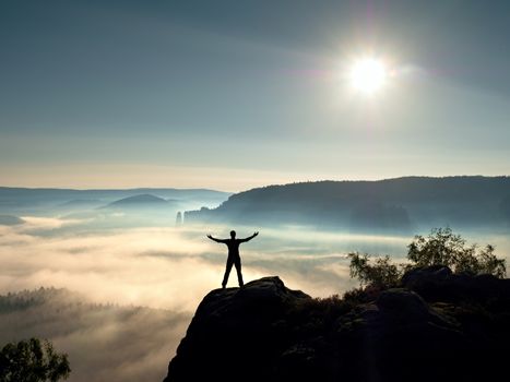 Happy man gesture of triumph with hands in the air. Funny hiker with raised arms on peak of sandstone rock in national park. Vivid and strong vignetting effect.
