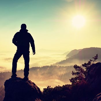 Hiker climbed on peak of rock above valley. Man  watch over misty and foggy morning valley to bright morning Sun. 