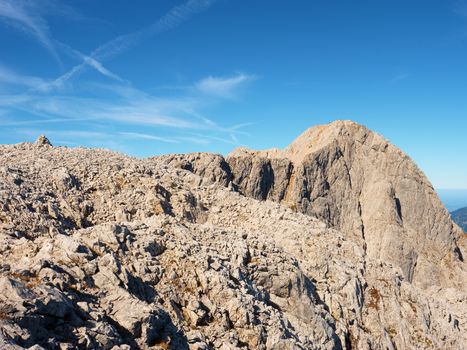 View from the top of the Alpine mountain of the mountains around. Spring in the mountains. Location Austria Alps, Europe. Beauty world.