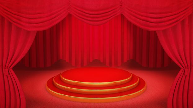 Red and gold Stage on red theatre curtain background., 3D rendering.