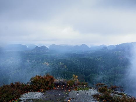 Blue fall daybreak. Sandstone cliff above deep misty valley. Hilly peaks sticking out from creamy fog.