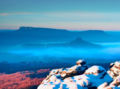 Chilli day in rocks. Rocky peak of sandstone mountain in sunny winter day. Frozen twigs and rock under fresh powder snow. 