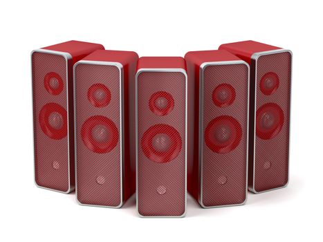 Group of five red speakers on white background