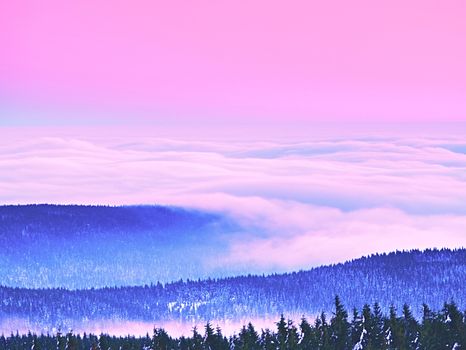 Pink orange sun rise above misty winter mountains, shinning fog.  Peaks of  mountains above creamy mist in valley. 