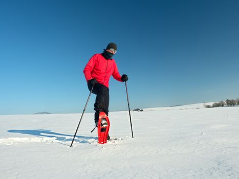 Man cleaning snowshoe. Winter tourist with snowshoes walk in snowy drift. Sunny freeze weather. Hiker in pink sports jacket and black trekking trousers snowshoeing in powder snow.