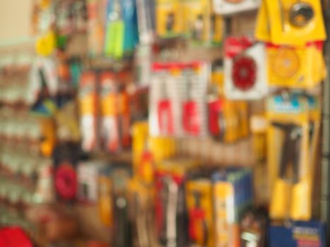 Blurry pictures of shelves in a hardware store.Advertising sales concept.