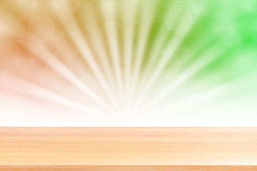 empty wood table floors on soft green bokeh lights beam shine gradient background, wooden plank empty on green bokeh colorful light shine, colorful bokeh lights gradient soft for banner advertising