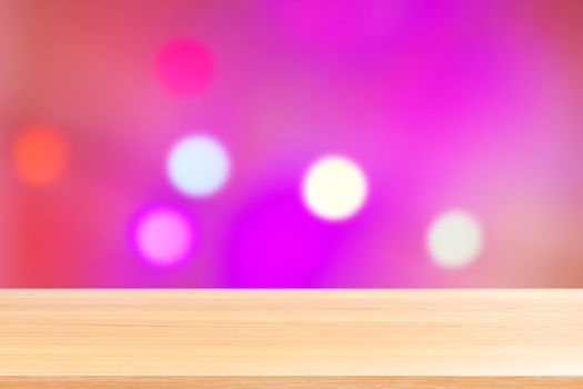 wood plank on blur light bokeh colorful purple and pink soft gradient background, empty wood table floors on bokeh colorful purple gradient, wood table board empty front bokeh colorful pink wallpaper