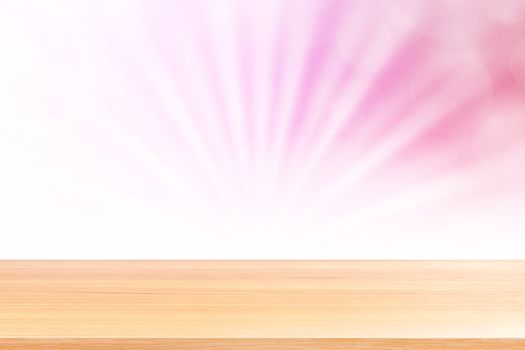 empty wood table floors on soft pink bokeh lights beam shine gradient background, wooden plank empty on pink bokeh colorful light shine, pink colorful bokeh lights gradient soft for banner advertising